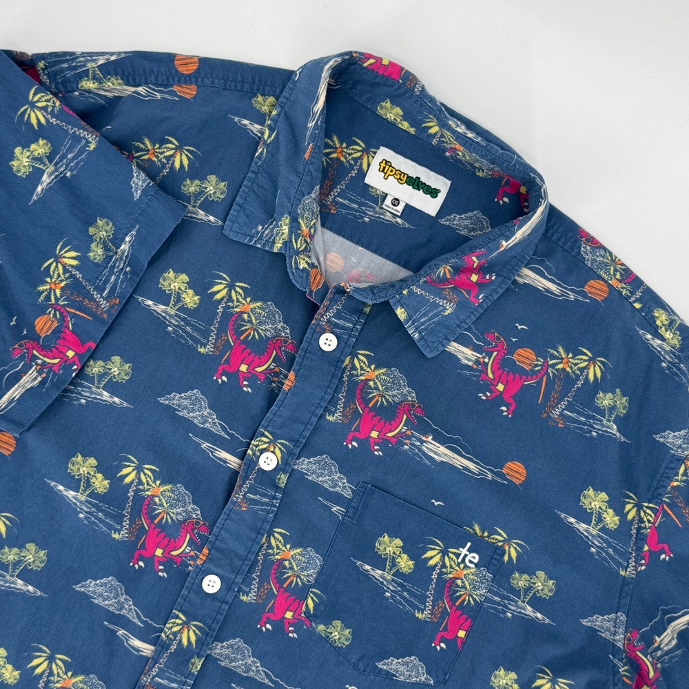 Tipsy Elves Mens XXL Blue Tropical Dinosaur T-Rex Short Sleeve Button Down Shirt